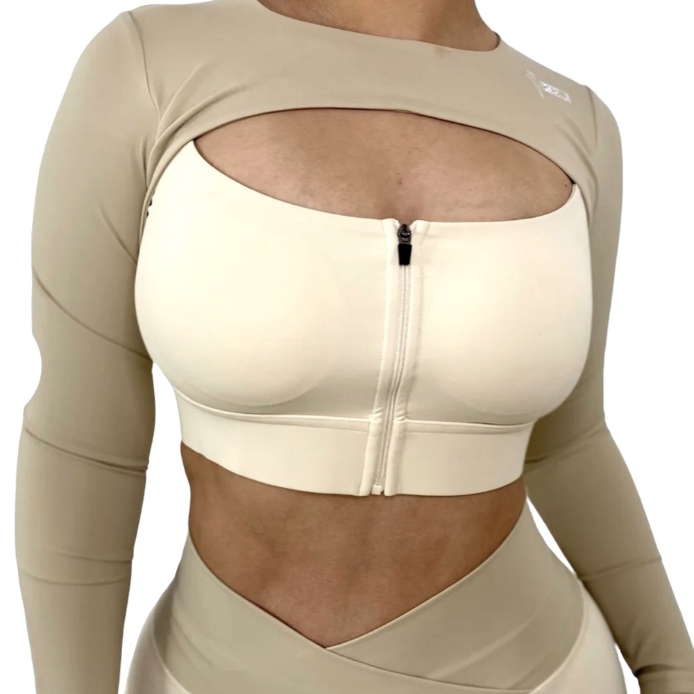 Sport bra top nude cropped long sleeve front zipper size S/M - Picture 1 of 7